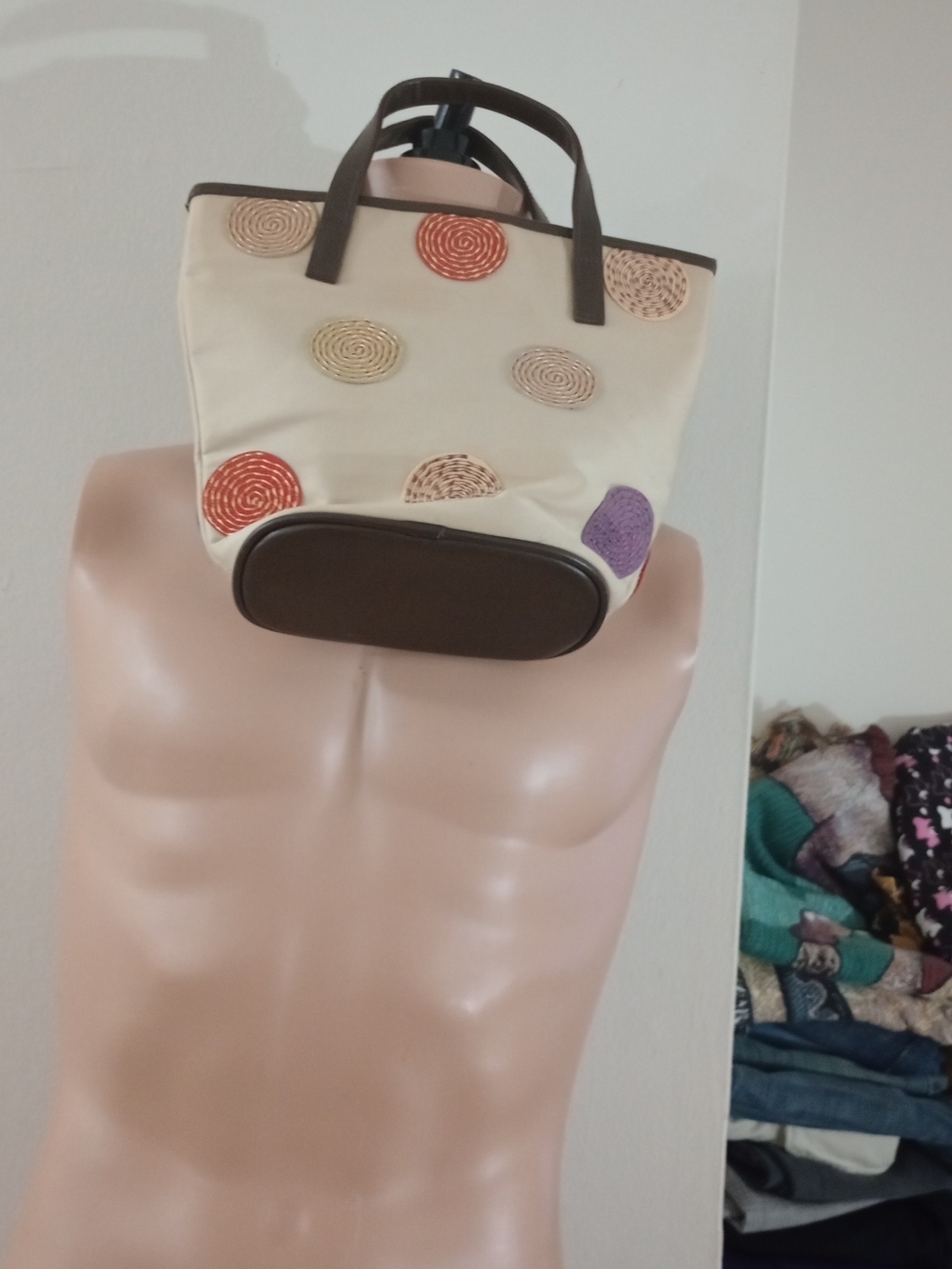 Bath and body Works multicolored straw tote bag with brown leather handles and t